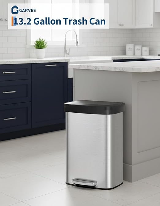 Garvee 16 gal / 60 L Stainless Steel Trash Can with Lid, Large Garbage Can for Kitchen, Rustproof Step-on Kitchen Metal Trash Bin with Liner Rim, Rear Handle, Soft Close Plastic Lid, Silver