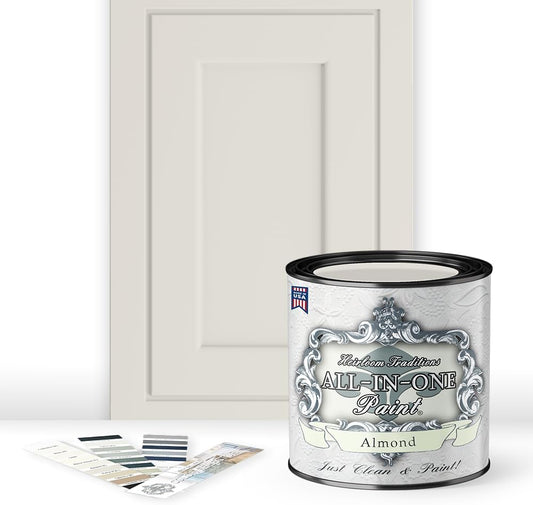 ALL-IN-ONE Paint, Durable cabinet and furniture paint. Built in primer and top coat, no sanding needed. Includes our 30 featured color card - Almond (off white with tan undertone), Quart