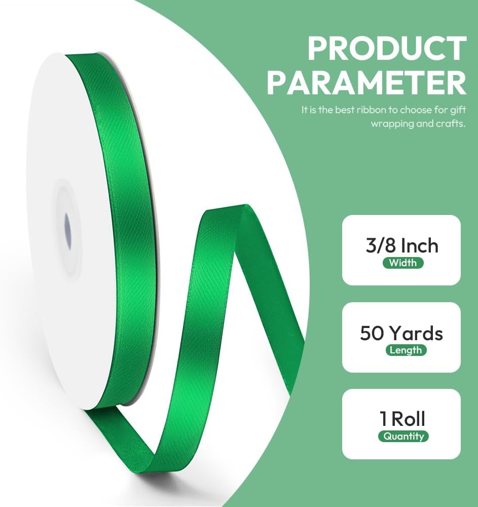3/8" x 50 Yards Satin Ribbon - Green Silk Ribbon with Spool - Ideal for Gift Wrapping, Floral Bouquets, Crafts, Wedding Party Decorations, Christmas and Sewing Projects