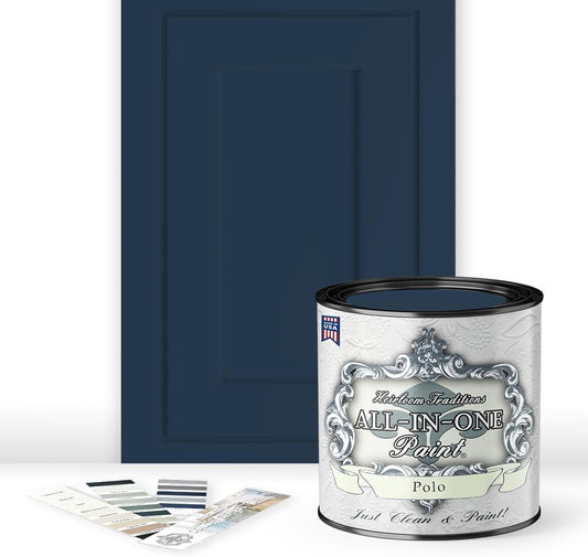 ALL-IN-ONE Paint, Durable cabinet and furniture paint. Built in primer and top coat, no sanding needed. Includes our 30 featured color card - Polo (dark navy), Quart