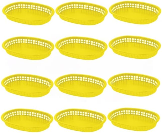 TrueCraftware- 10-3/4" Oblong Fast Food Basket Yellow Plastic Set of 12- Fry Fast Food Reusable Foodservice Restaurant Diner Tray Plates Restaurant Deli Serving Chicken Burgers Sandwiches & Fries