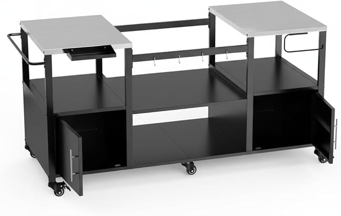 Heavy-Duty Outdoor Grill Cart with Stainless Steel Top, Rolling BBQ Prep Station Table for Large Ceramic Grills & Smokers, 67-Inch Metal Grill Stand with 2 Storage Cabinets, 6 Wheels, Black