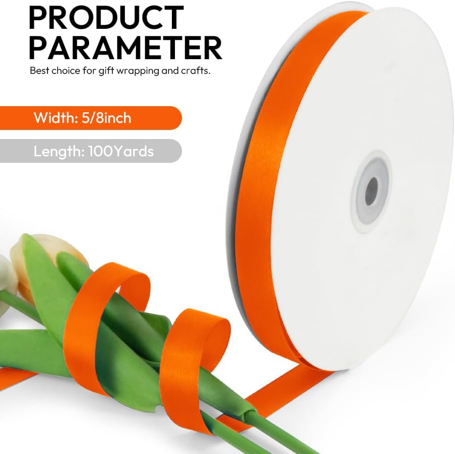 5/8 Inch Orange Ribbon, 100 Yards Orange Stain Ribbon for Gift Wrapping, Halloween, Christmas and Birthday Party Decoration, Craft, Flower Bouquet, Sewing