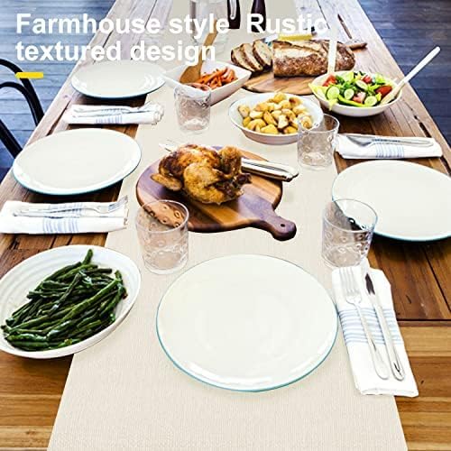 Waterproof Wipeable Table Runner, Thick Farmhouse Table Runner, Dresser Runner, Rustic Table Runner for Kitchen Dining Room, Bedroom, Living Room, Indoor and Outdoor (48'', White)