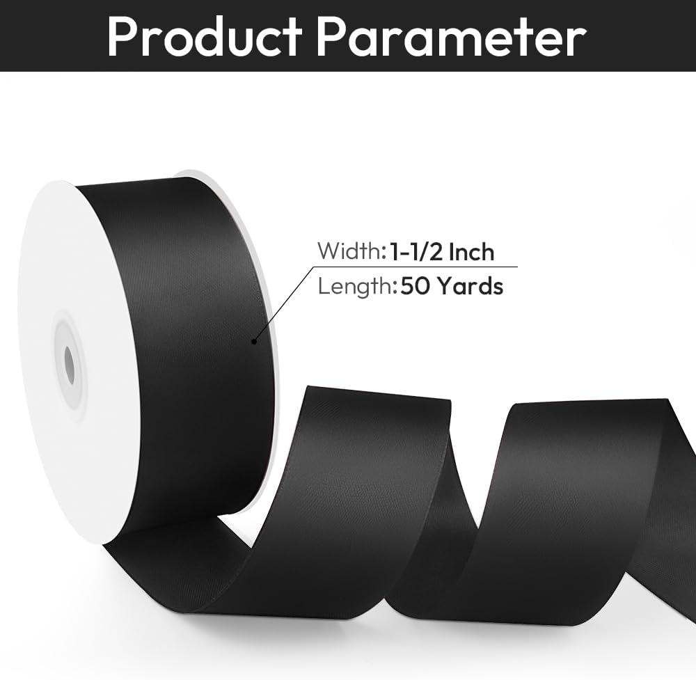 1-1/2" Width x 50 Yards Satin Fabric Ribbon, Black Ribbon Perfect for DIY Bows, Swags, Gift Wrapping, Craft, Flower Bouquet，Christmas and Halloween Party Decoration