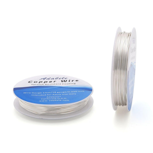 Adabele 32 Feet Premium Tarnish Resistant Round Jewelry Wire Copper Beading Wire Spool Bulk (1mm/18 Gauge) Sterling Silver Plated for DIY Craft Jewelry Making BF285-10