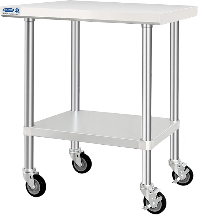 HARDURA Stainless Steel Table with Wheels 24 x 36 Inches Kitchen Prep Table Heavy Duty Stainless Steel Workbench with Aluminium Corner Undershelf NSF 304 Metel Table for Commercial Restaurant