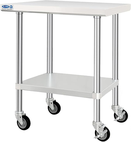 HARDURA Stainless Steel Table with Wheels 24 x 36 Inches Kitchen Prep Table Heavy Duty Stainless Steel Workbench with Aluminium Corner Undershelf NSF 304 Metel Table for Commercial Restaurant