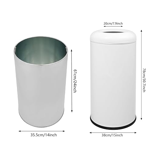 15.48 Gallon Commercial Trash Can, White Open Top Outdoor Indoor Waste Container Stainless Steel Large Garbage Enclosure with Lid, 15 x 30.7 inch