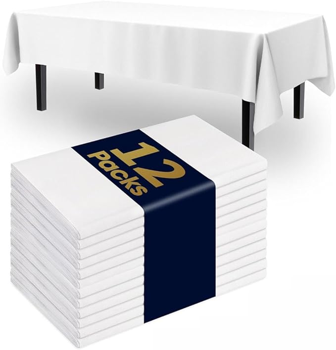 Pureegg Disposable Plastic Tablecloth 12 Pack - 54x108 Inch Rectangle White Table Cloths, Leakproof & Sturdy Plastic Table Cover for Party, Picnic, Wedding, Decorative Events