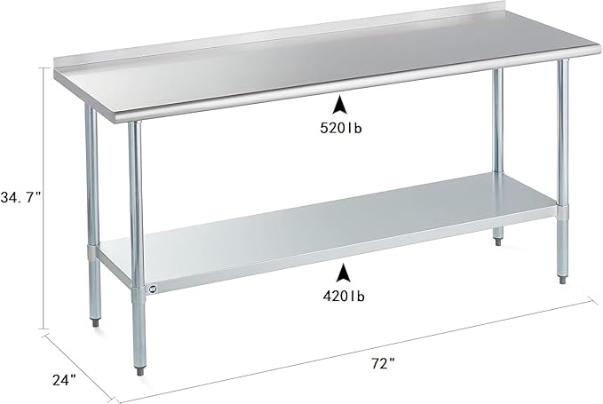 Stainless Steel Table for Prep & Work with Backsplash 24x72 Inches