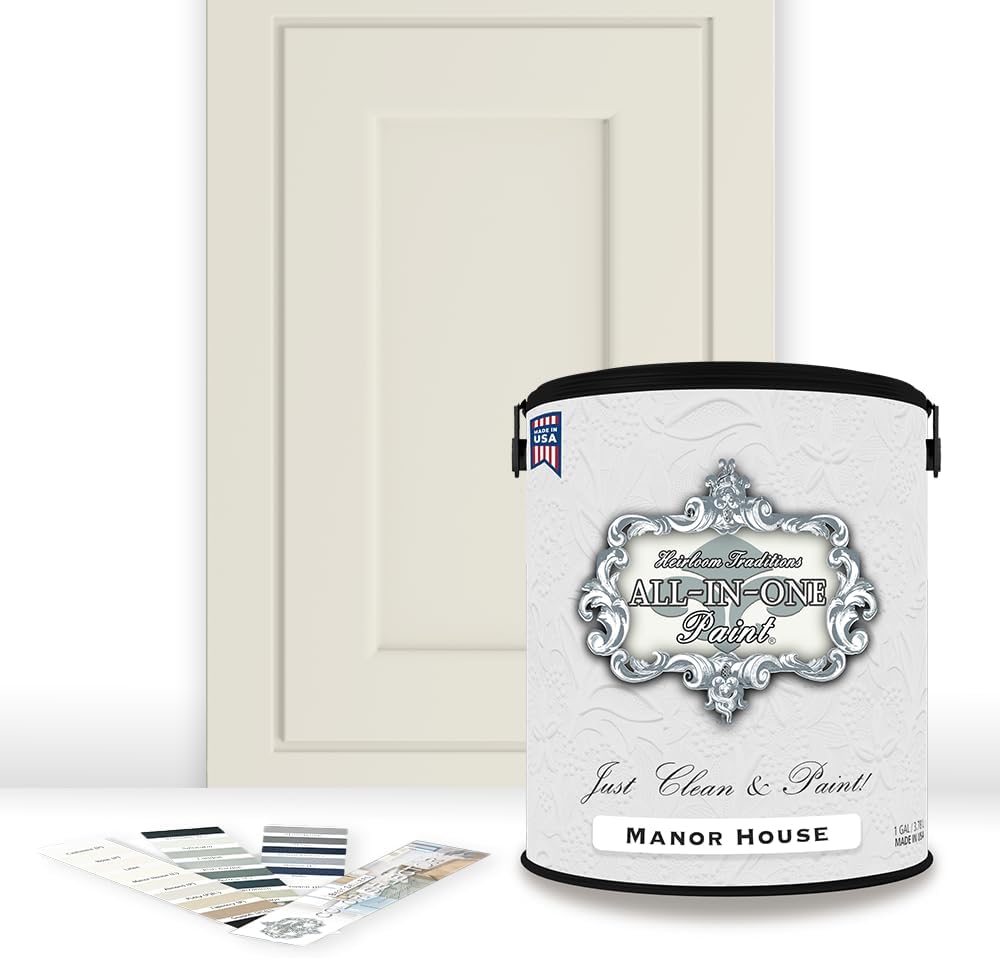 ALL-IN-ONE Paint, Durable cabinet and furniture paint. Built in primer and top coat, no sanding needed. Includes our 30 featured color card - Manor House (creamy off white), Gallon