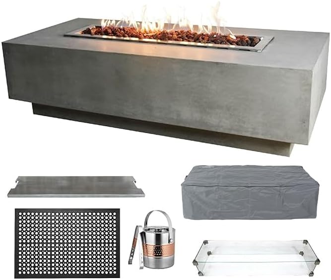 Elementi Granville Fire Pit Bundle Outdoor Firepit Set Includes 60” Natural Gas Concrete Firepit Table, Glass Windscreen, Stainless Steel Cover, Canvas Cover, Floor Mat, Ice Bucket