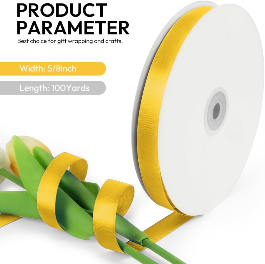 5/8 Inch 100 Yards Satin Ribbon Yellow, Solid Color Fabric Ribbon for Gift Wrapping, Wedding, Polyester Gift Ribbon for Birthday Party Decoration, Craft, Hair, Floral, Sewing