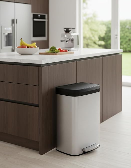 Garvee 16 gal / 60 L Stainless Steel Trash Can with Lid, Large Garbage Can for Kitchen, Rustproof Step-on Kitchen Metal Trash Bin with Liner Rim, Rear Handle, Soft Close Plastic Lid, Silver