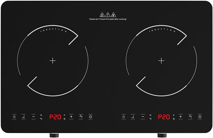 Double Induction Cooktop, 2 Burner Induction Burner 20 Temperature & Power Levels Portable Electric Stove Countertop Burners, Knob Control, Child Safety Lock & 4H Timer, Auto Shut-Off
