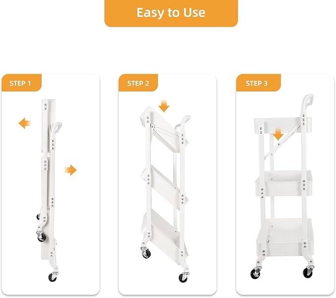 3-Tier Folding Rolling Utility Cart with Wheels, Foldable Storage Cart Organizer with 3 Hanging Cups & 6 Hooks for Kitchen, Office, Living Room, Nursery(White)