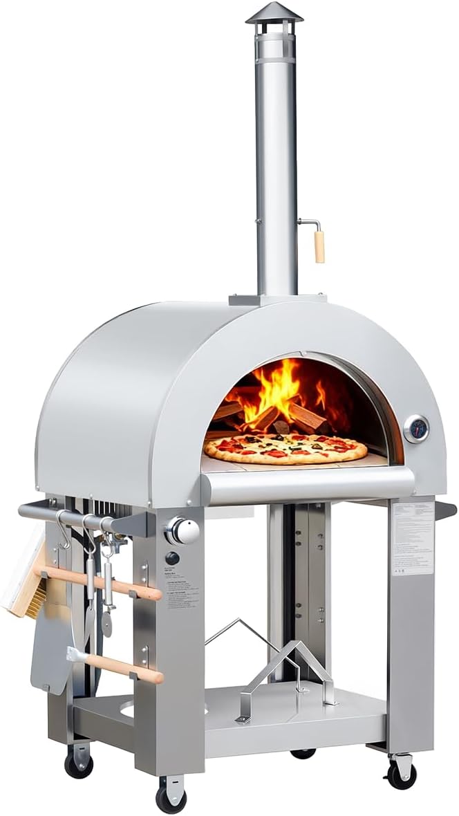 32.5" Wood Fired & Propane Gas Pizza Oven with Open Shelf and Wheels, Large Outdoor Oven for BBQ, Grilling, Stainless Steel Pizza Oven for Outdoor, Backyard and Party (Silver without Cover)