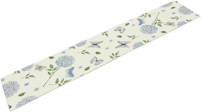 Spring Hydrangea Table Runner, Summer Moth Watercolor Sky Blue Butterfly Flowers Rustic Farmhouse Garden Print Table Cover for Kitchen Dining Room Table Home Party Decor,13x70inch