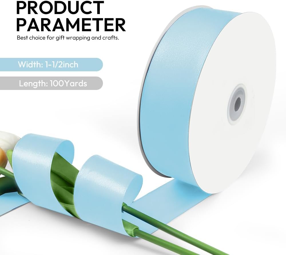 1-1/2 Inch 100 Yards Satin Ribbon Light Blue, Solid Color Fabric Ribbon for Gift Wrapping, Wedding, Polyester Gift Ribbon for Birthday Party Decoration, Craft, Hair, Floral, Sewing