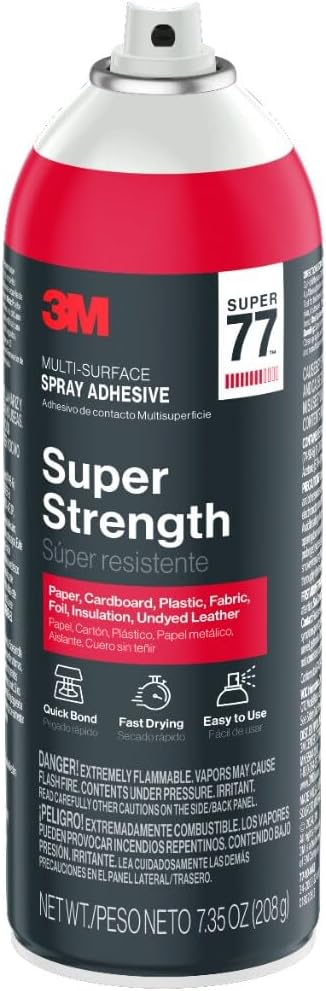 3M Super 77 Multi-Surface Spray Adhesive, 7.35 oz., Low VOC, Quick Bond, Fast Drying, Clear Finish for Foil, Foam, Paper, Metal, Plastic, Fabric, and Cardboard (77-10-NAT)