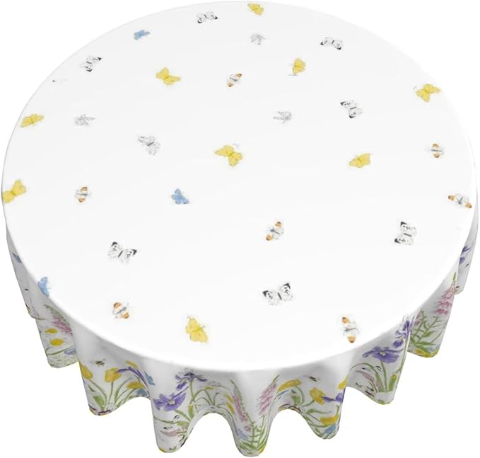 Spring Easter Round Tablecloth 70 Inch, Bunny Colorful Flower Butterfly Decorative Tablecloths Stain Resistance Polyester Rabbit Floral Table Cloth for Holiday Parties Kitchen Dining