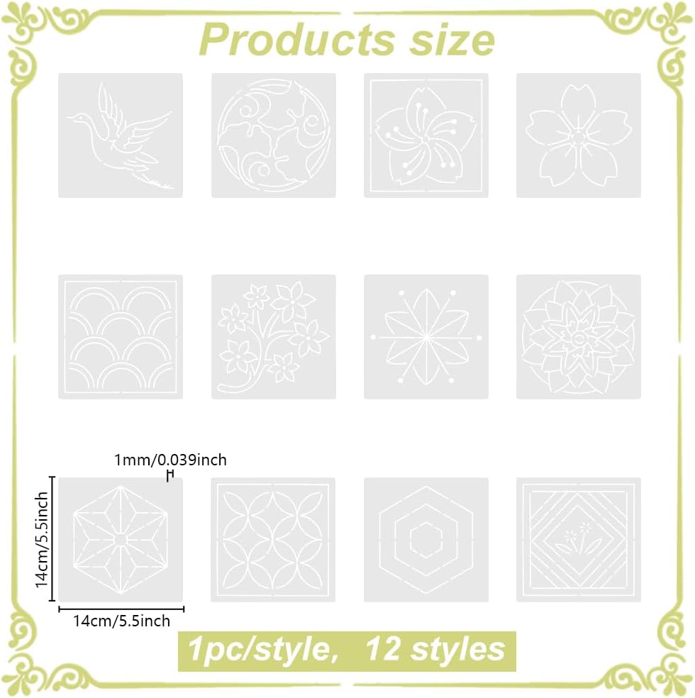 FREEBLOSS Sashiko Embroidery Stencils Sashiko PET Stencil Flowers Embroidery Patterns Stencils for Drawing Sashiko Template for Hand Quilting and Embroidery 14x14cm