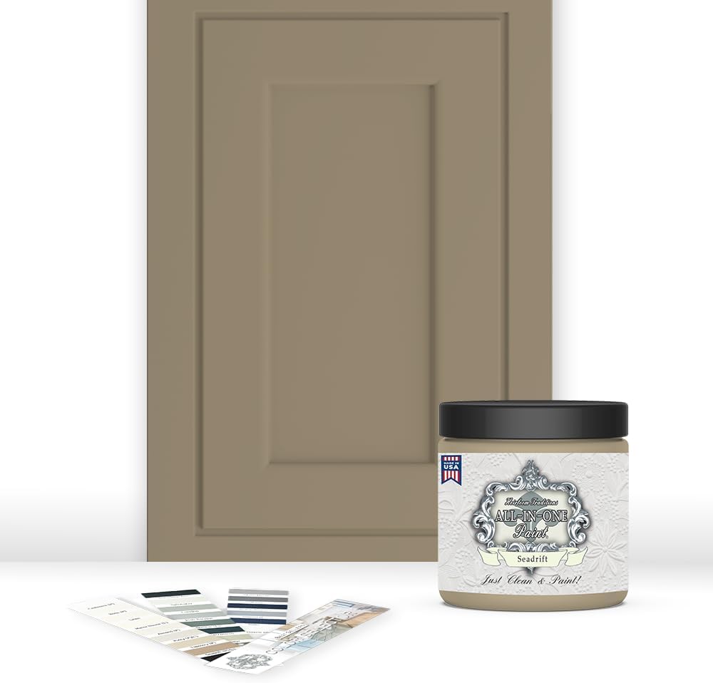 ALL-IN-ONE Paint, Durable cabinet and furniture paint. Built in primer and top coat, no sanding needed. Includes our 30 featured color card - Seadrift (warm, earthy tan), 8oz Sample