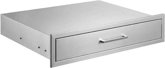 Outdoor Kitchen Drawers,Stainless Steel BBQ Single Drawer with Chrome Handle,30" W x 6.5" H x 23" D Enclosed Built-in Access Drawer Flush Mount for Outdoor Kitchen,BBQ Island