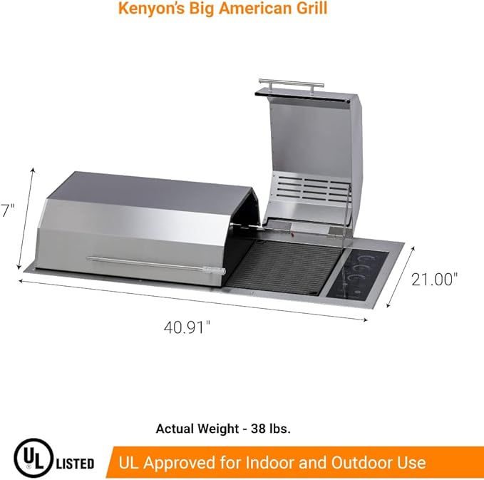 Kenyon The Big American Grill, Electric Grill With 3 Burners And 2 Piece Lid, Stainless Steel Body, Rust-Proof Grill With IntelliKEN Touch Control, UL-Approved For Indoor And Outdoor Use, 240V