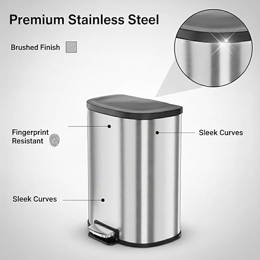 Garvee Stainless Steel Trash Can, 50 L/13 gal Hands Free Garbage Can with Soft Close Lid and Foot Pedal, Metal Kitchen Waste Bin with Inner Bucket for Living Room, Office, D Shape, Silver