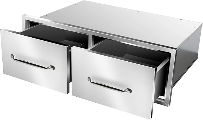 Outdoor Kitchen Drawers 30" W x 10" H x 20" D Flush Mount Horizontal Double Drawers with Chrome Handle,Stainless Steel Built-in BBQ Drawer for Outdoor Kitchen Island, Patio Grill Station