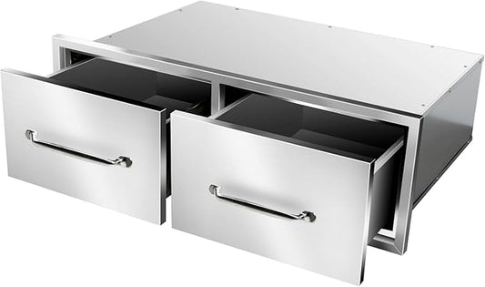 Outdoor Kitchen Drawers 30" W x 10" H x 20" D Flush Mount Horizontal Double Drawers with Chrome Handle,Stainless Steel Built-in BBQ Drawer for Outdoor Kitchen Island, Patio Grill Station
