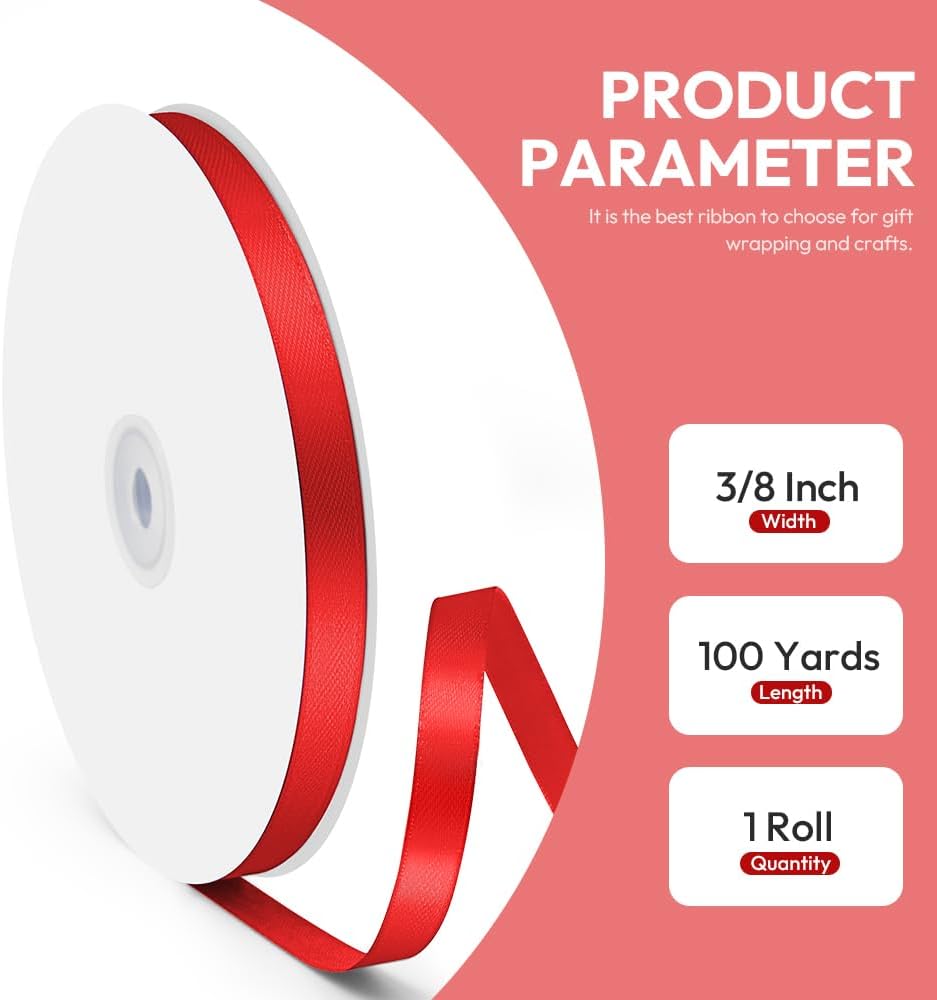 3/8" x 100 Yards Satin Ribbon - Red Silk Ribbon with Spool - Ideal for Gift Wrapping, Floral Bouquets, Crafts, Wedding Party Decorations, Christmas and Sewing Projects