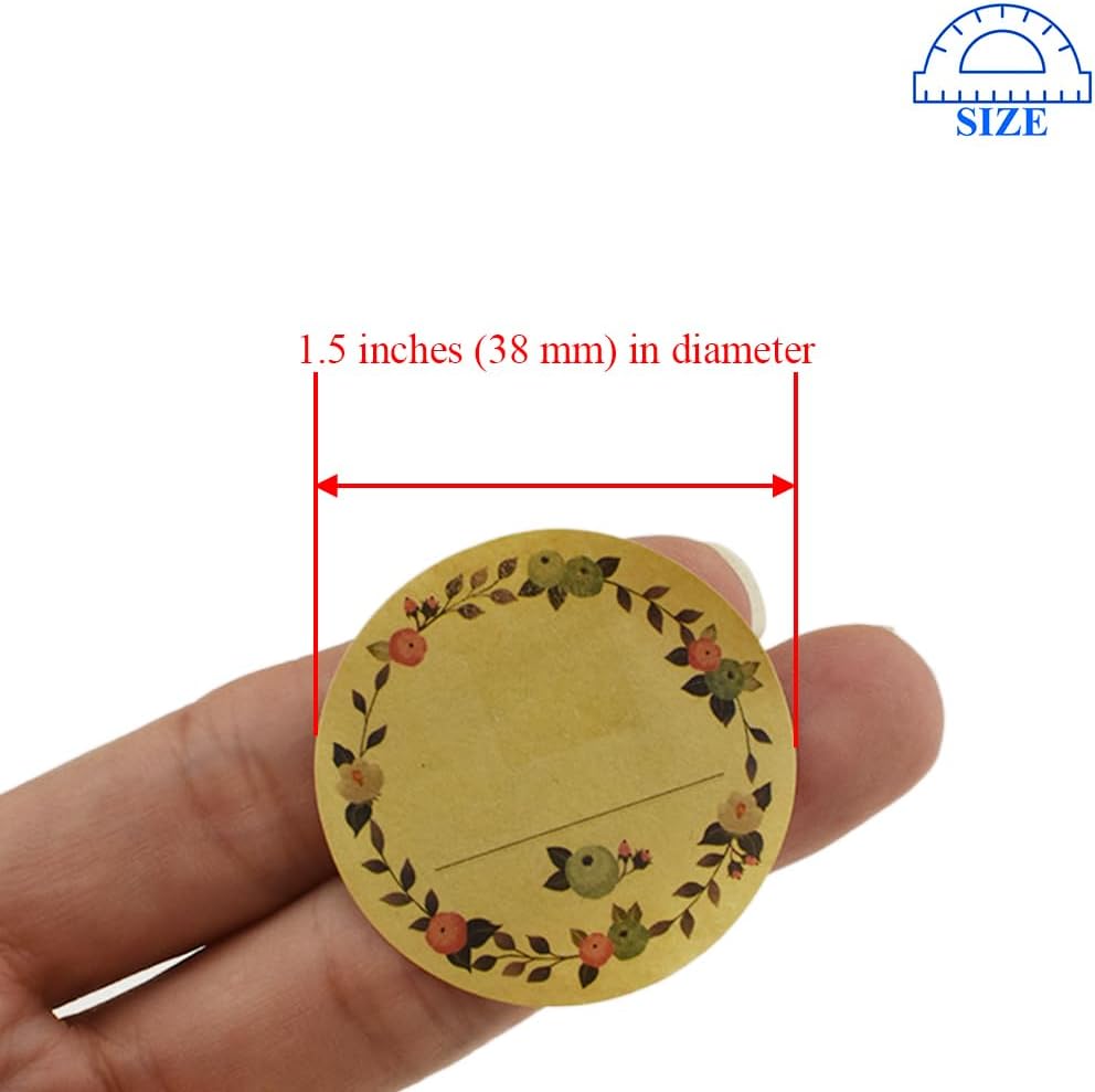 HAHIYO 1.5In 500P Round Natural Brown Kraft Stickers with Vintage Flower Design - 4 Unique Styles Blank Kraft Labels Roll to Write On Durable Dot Stickers for Jar Canning Price Tags Store Organizing