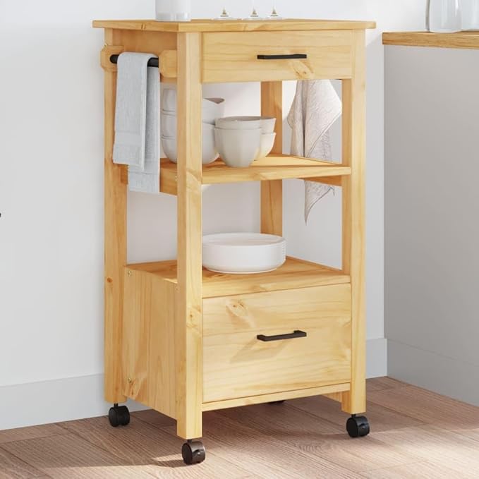 Kitchen Trolley Monza Rolling Kitchen Island Cart with Storage, Portable Dining Room Serving Utility Carts, Brown 18.9" x 15.7" x 35.4" Solid Wood Pine KH72A