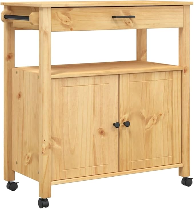 Kitchen Trolley Monza Rolling Kitchen Island Cart with Storage, Portable Dining Room Serving Utility Carts, Brown 33.1" x 15.7" x 35.4" Solid Wood Pine KH79A