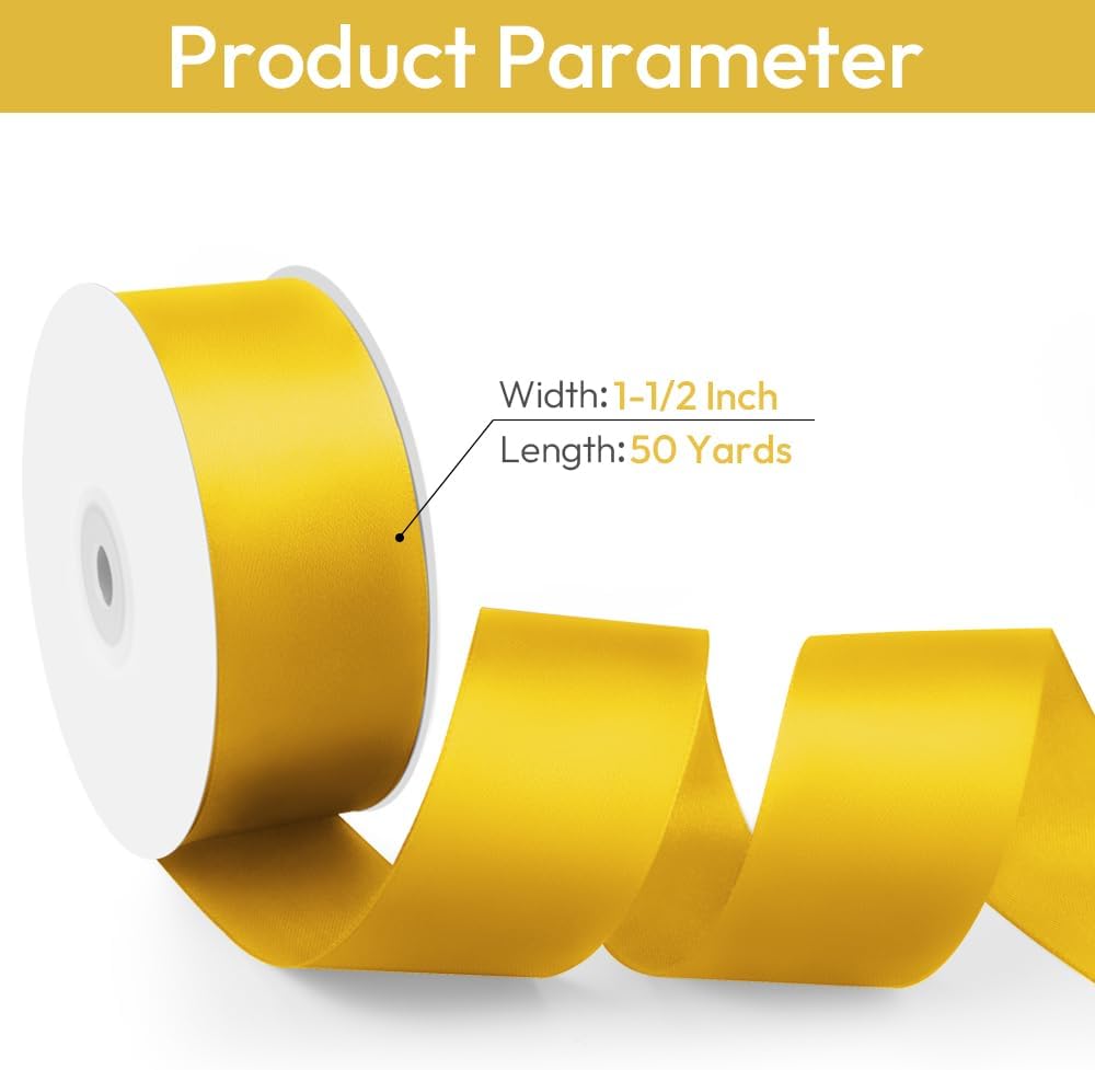 1-1/2" Width x 50 Yards Satin Fabric Ribbon, Yellow Ribbon Perfect for DIY Bows, Swags, Gift Wrapping, Craft, Flower Bouquet，Christmas and Party Decoration