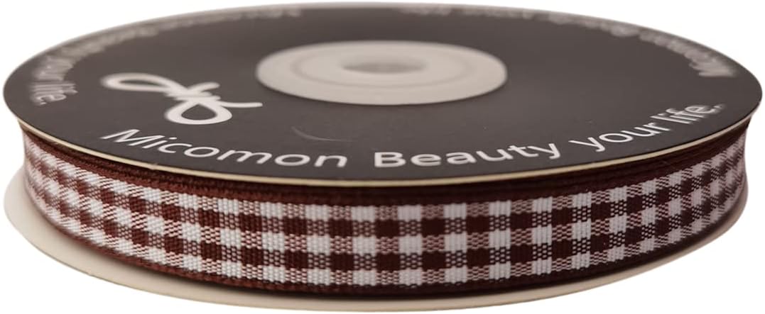 Brown Gingham Ribbon 25 Yards Christmas Ribbon for Crafts Plaid Checked Ribbon 100% Polyester (3/8", Brown)