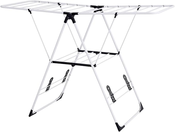 GOFLAME Steel Clothes Drying Rack with Adjustable Wings, Foldable Gullwing Collapsible Laundry Drying Rack with Shoe Holder and Shelves, Space Saving Drying Rack for Underwear, Socks, Pants