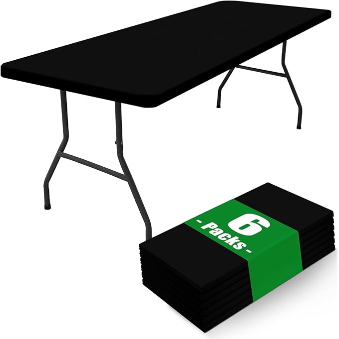 Spandex 6 Foot Rectangle Table Cloth 6 Pack, Elastic Fitted Tablecloths for Picnic, Stretch Washable Patio Table Cover for Outdoor, Camping, Banquet and Parties (Black, 30"x72")