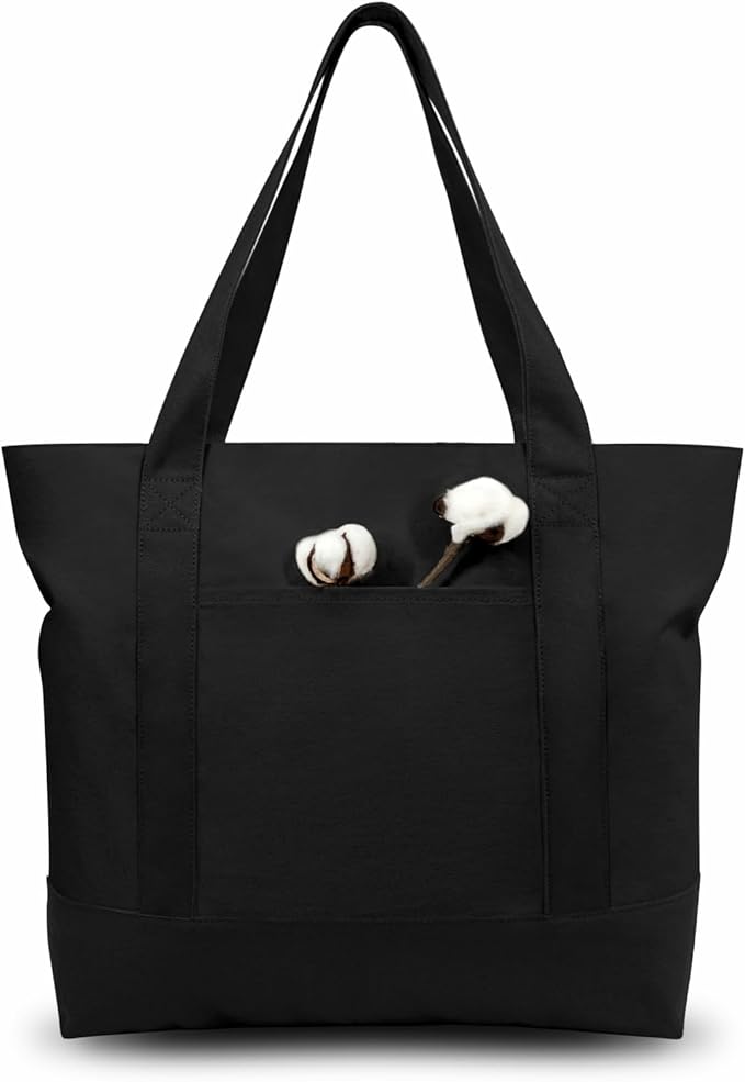TOPDesign 30-Pack Canvas Tote Bags with an External Pocket, Reusable Grocery Shopping Bags, Top Zipper Closure, Daily Essentials (Black)