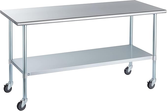 ROCKPOINT Stainless Steel Table for Prep & Work with Caster Wheels 30x72 Inches, NSF Metal Commercial Kitchen Heavy Duty Table with Adjustable Under Shelf and Table Foot for Restaurant, Home and Hotel