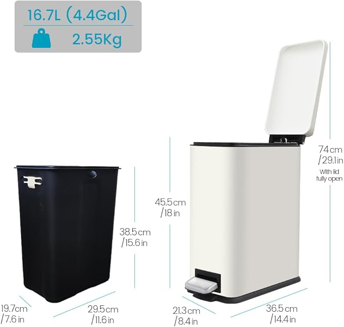 Bathroom Trash Can with Lid, 16.7L/ 4.4 Gallon Trash Can with Removable Inner Bucket, Soft Close lid, Stainless Steel Step Pedal Garbage Can for Bathroom, Kitchen, Home Office, White