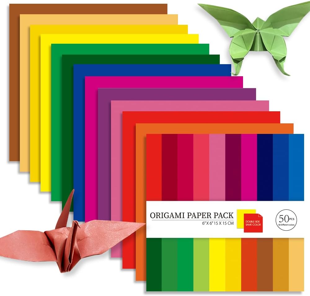 Square Origami Paper 6x6 Double Sided 50 Sheets 50 Colors 70GSM Origami Kit Japanese Chiyo Easy Fold Arts Crafts DIY Handwork Beginner Solid Color