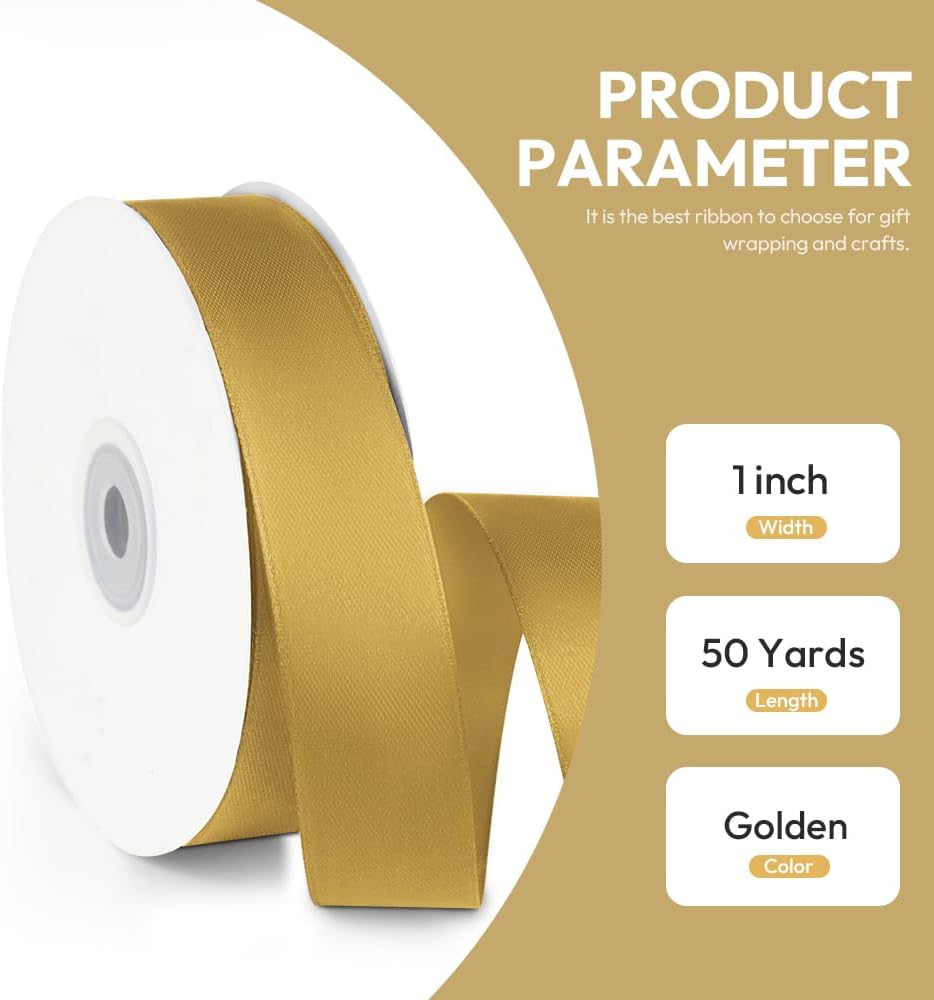 1" x 50 Yards Satin Ribbon - Gold Silk Ribbon with Spool - Ideal for Gift Wrapping, Floral Bouquets, Crafts, Wedding Party Decorations, Christmas and Sewing Projects