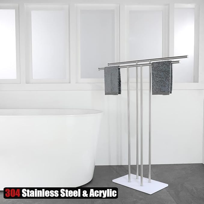 JQK Bath Towel Holder Stand Brushed, 30 Inch Free Standing Double Towel Rack Shelf for Bathroom Floor, Brushed Steel, BTH100L30-WN