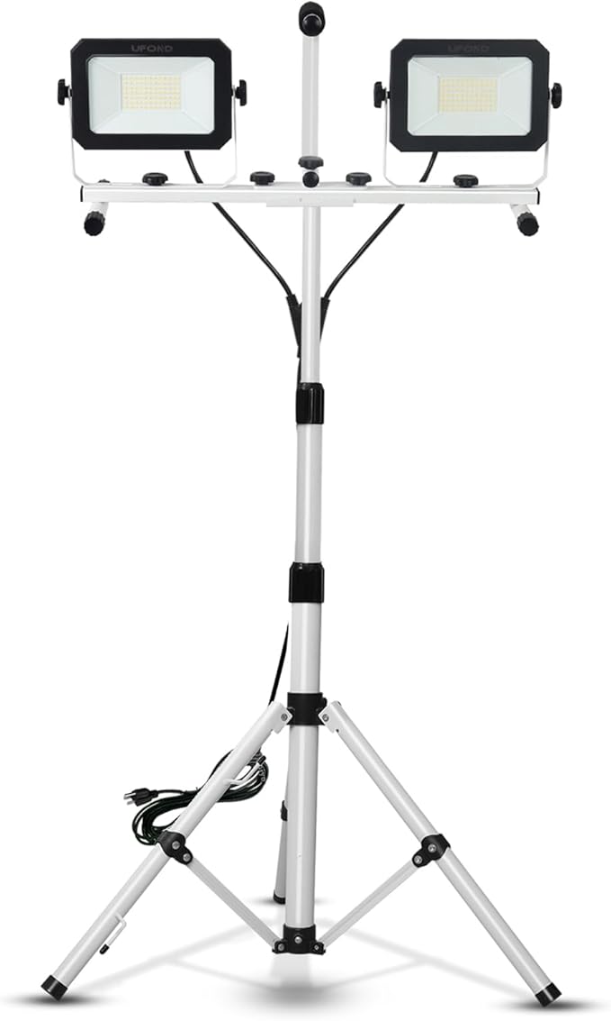 UFOND 10000 Lumen LED Work Light with Stand,Detachable Waterproof Dual Head Work Lights,Individual Switch Floodlight with TelescopingTripod,Work Lamp with Power Cord for Construction Site