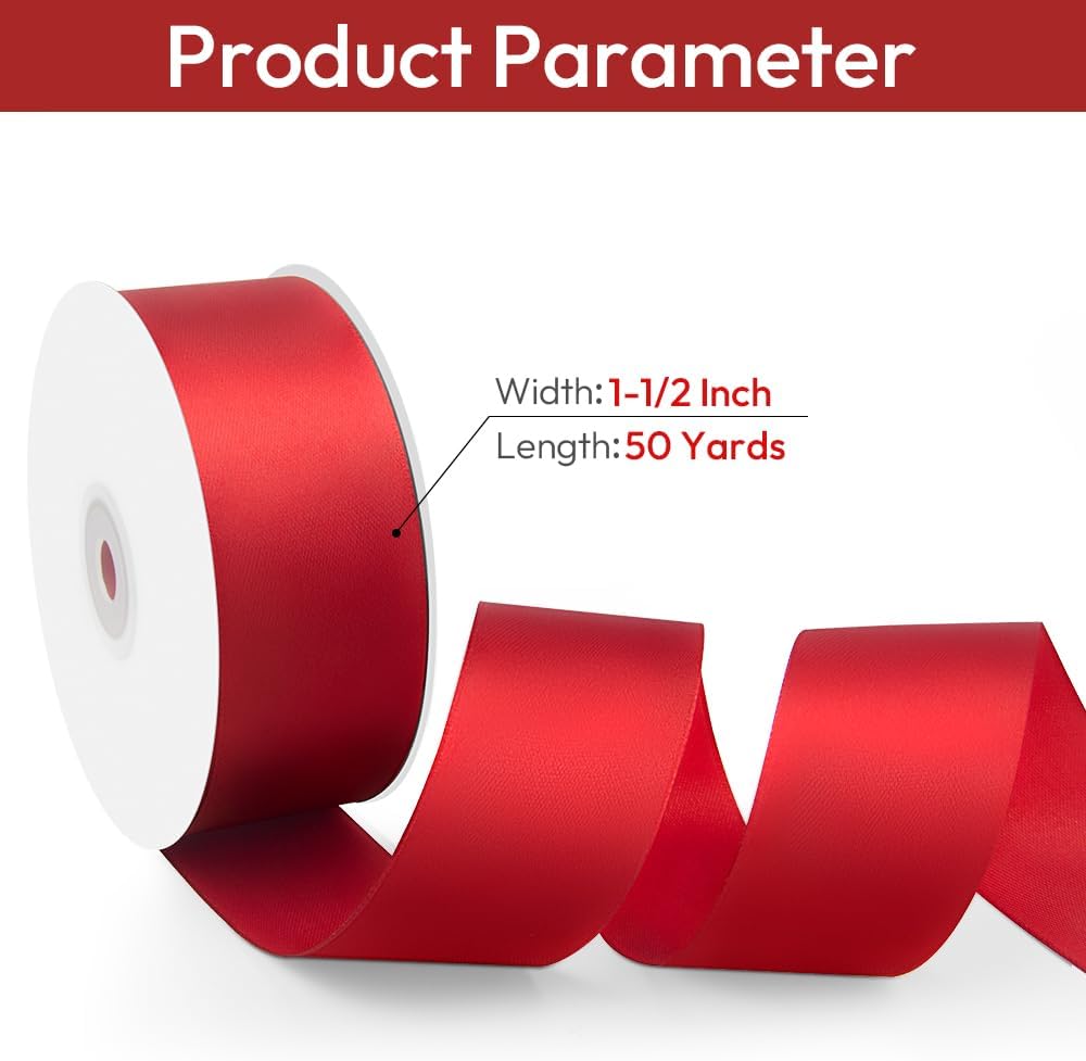 1-1/2" Width x 50 Yards Satin Fabric Ribbon, Red Ribbon Perfect for DIY Bows, Swags, Gift Wrapping, Craft, Flower Bouquet, Christmas and Party Decoration