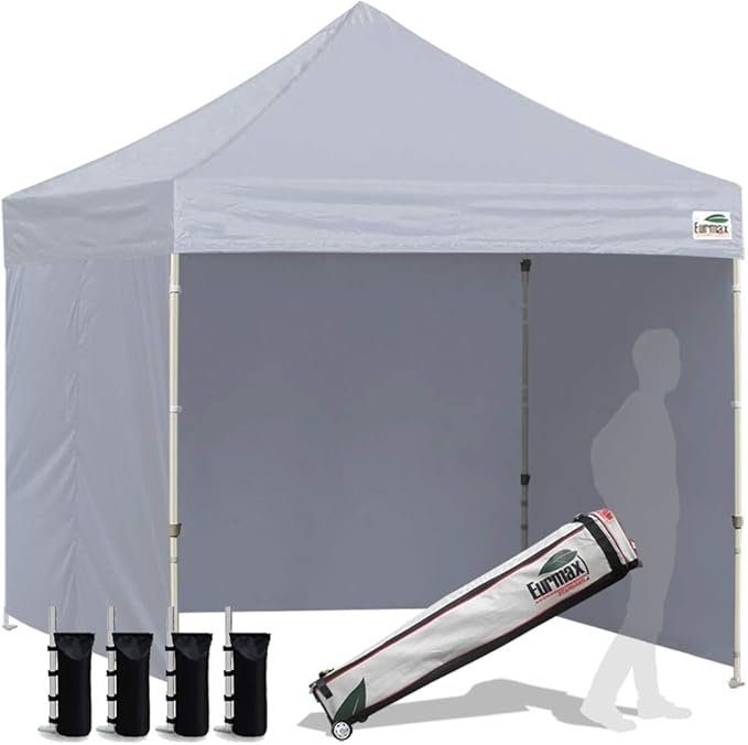 Eurmax USA 8'x8' Pop-up Canopy Tent Commercial Instant Canopies with 4 Removable Zipper End Side Walls and Roller Bag, Bonus 4 SandBags(Gray)